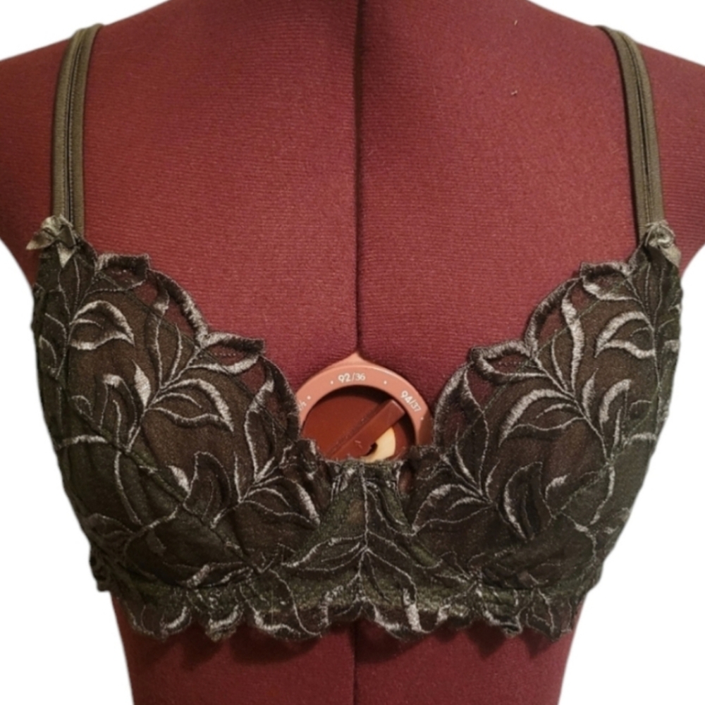 OCEANE Embroiderd Green Sheer Mesh Underwire Bra, Size EU 75B | Adjustable Strap